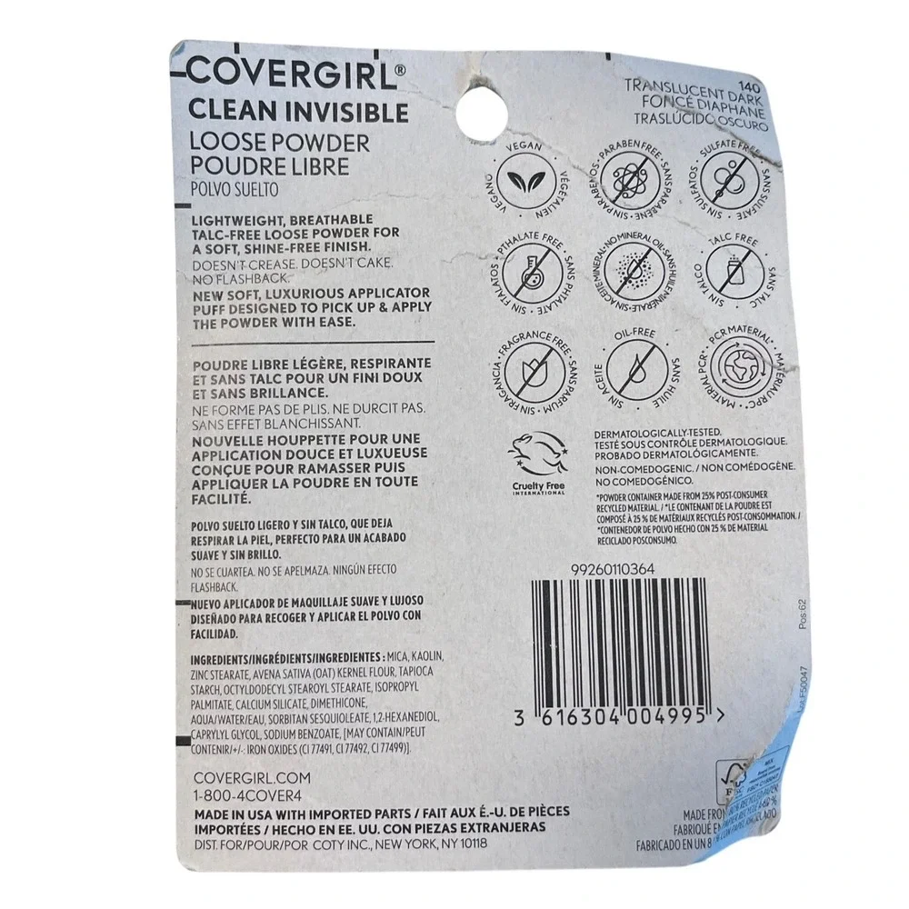 Covergirl Clean Invisible Loose Powder 140 Translucent Dark Talc Free 0.63 oz